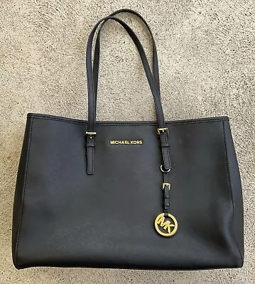 Michael Kors Jet Set Black Saffiano Leather Tote Shoulder Satchel Bag Charm EUC • $75