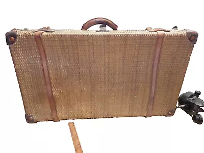 Antique Woven Wicker / Suitcase Leather Brass Hardware C. 1920 • $19.99