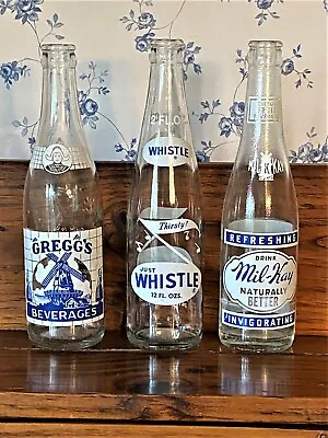 Lot Of 3 Vintage Soda Pop Bottles ~ Whistle Gregg's Mil-Kay ~ Bright Graphics • $24.99