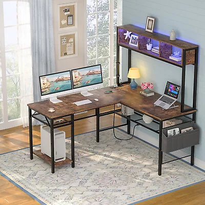 L Shaped Gaming Desk With LED Lights & Power Outlets Home Office Desk W/ Shelves • $197.99