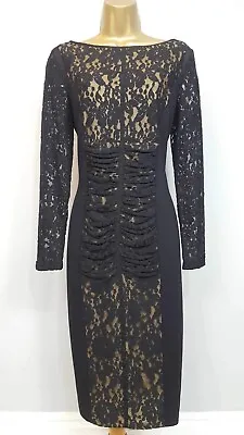 Sz 12 Designer Libra Black Lace Midi Bodycon Dress Cruise Ball See Others • £10