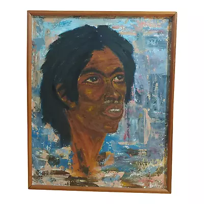 1969 Folk Art Style Modern Signed African American Male Portrait Oil Painting • $149.99