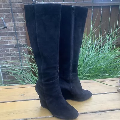 Lavender Label Vera Wang Women Black Wedge Platform Knee High Suede Boots 9 • $72