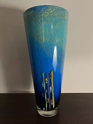 Venetian Blue Murano Italy Blown Art Glass Millefiori Vase Dino Marten 11.5” • $64.99