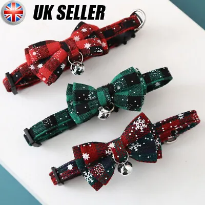 Christmas Cat Dog Bow Tie Collars With Bell Snowflakes Plaid Pet Xmas Collar-UK • £6.59