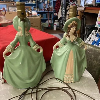 Vintage Pair Of BOUDOIR LAMPS Victorian Belle Lady CHALKWARE Vanity Rare FS • $40