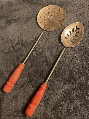 Vintage Pair Child’s Utensils Round Strainer & Spoon Both With Red Wood Handles • $14.99