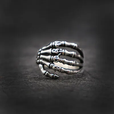 Mens Skull Skeleton Hand Finger Ring For Men Stainless Steel Size 7-15  Gift • $7.99