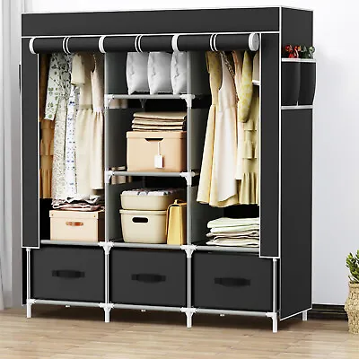 LOEFME Triple Canvas Wardrobe With Hanging Rail Shelving Storage Cupboard Black • £38.99