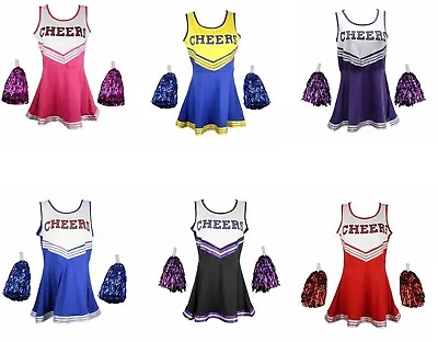 Cheerleader Outfit Fancy Dress Uniform Costumes With Pom Poms • £12.99