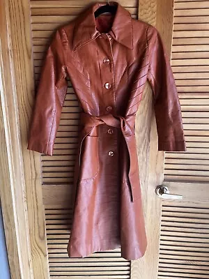 Vintage Genuine Leather Belted Trench Spy Gangster Long Coat M Cherry Red-Maroon • $65