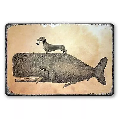 Vintage Dachshund Dog Riding Whale Metal Tin Sign Gifts For Women Men Modern • $21.62