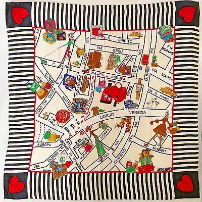 Moschino 34x34 Inch Fashion Shopping Map Stipes & Hearts Silk Scarf • $80.05