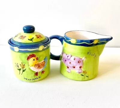 Very Cute Colourful Hand Painted Jug & Sugar Bowl Set Lamb Cow Chicken Pig • £7.50