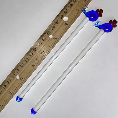 2 Vtg Glass Cocktail Swizzle Stir Sticks Summer Blue Whale Hearts 7” • $13.95