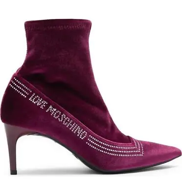 $695 - MOSCHINO Rhinestones Logo Stiletto Velvet Bootie In Bordeaux Size 8 (38) • $59.99