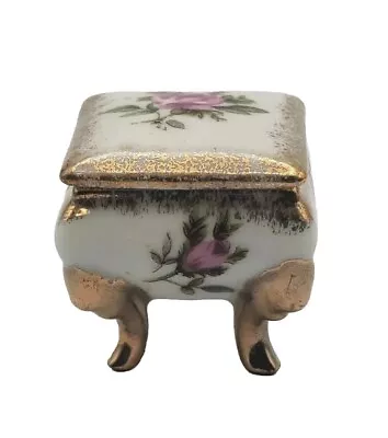 Miniature Porcelain Footed Vintage Jewelry Box Rose Flower Gilded Ring Holder • $9.90