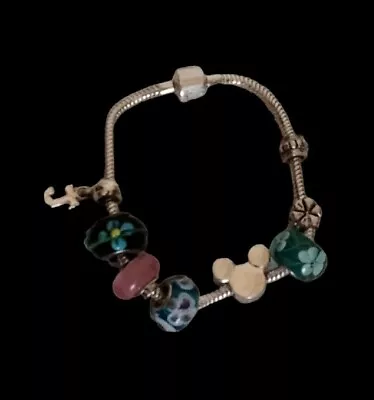 Vintage .925 Silver Disney Bead Charms Bracelet Mickey Mouse Blue Pink Black • $20