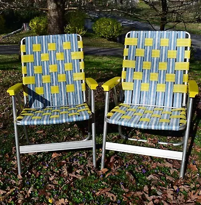 2 Retro Blue & Yellow Webbed Aluminum Folding Lawn Patio Chairs #8367 • $75