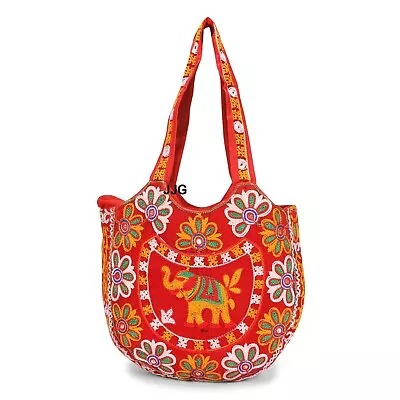 Embroidered Elephant Print Women Handbag Boho Tote Bag Red Tribal Shoulder Bag • $34.42