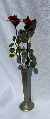 Ted Arnold Silver Metal Vase With Painted Metal Long Stem Red Roses & Leaves 11  • $16.95