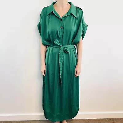 Brave + True Size 16 XL Green Satin Finish Collared Maxi Dress Waist Tie • $69