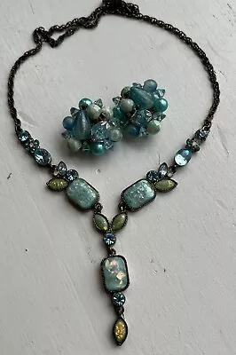 Vintage Mottled Blue Green Glass Cabochon Lariat Necklace & Clip On Earrings Set • $19.99