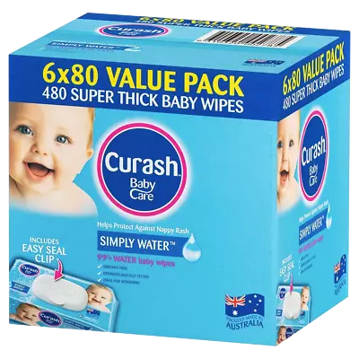 Curash Baby Wipes Simply Water 6 X 80 Value Pack Soap And Paraben Free • $20.95