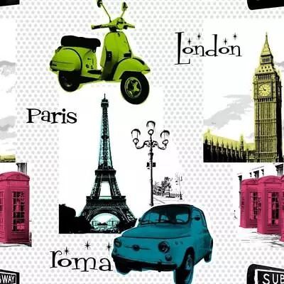 City Wallpaper Countries Landmarks Skyline Motorbikes Cars Dotted White Multi • £9.98