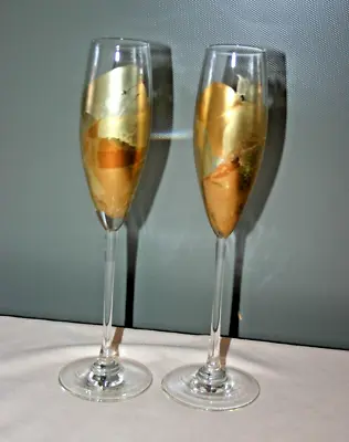 Pair Randy Strong 1991 Signed 22k Gold Leaf Champagne Flutes R-638 • $269