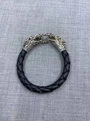 $350 • Buy JOHN HARDY Sterling .925 Naga Double Dragon Braided Black Leather Bracelet 6.25 