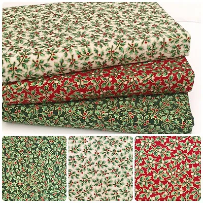 £1.45 • Buy Christmas Fabric 100% Cotton Holly Berry Red Green Ivory Gold Metre Off The Roll