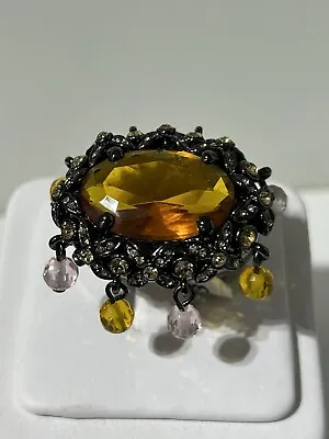 Vtg Palmeira Citrine Dangle 18kt Black Gold Plated Ring Size 8 Designer Signed • $30