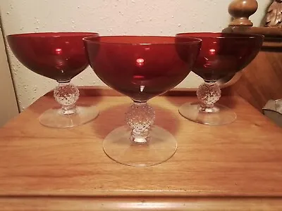 Morgantown Ruby Red Golf Ball 4 1/8” Low Sherbet Glasses 4oz Set Of 3 Vintage • $30