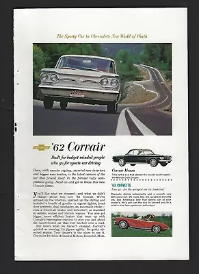 $6.99 • Buy 1962 Chevrolet Corvair Monza Coupe Corvette 327 V8 Sports Car Color Print Ad 
