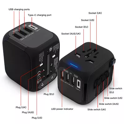 $28.99 • Buy Universal Type C 3 USB Charger World Travel Adapter Converter US/UK/EU/AU Plug