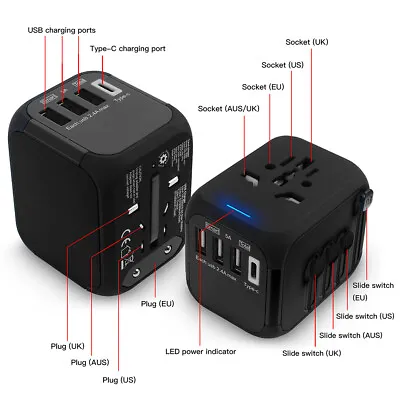 $28.99 • Buy Universal World Travel Adapter Type-C&3 USB Charger US/UK/EU/AU Plug Converter