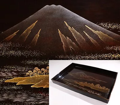 High Class Vintage Japanese Lacquer Large Wooden Tray Mt.Fuji Gold Siver Makie • $578.50