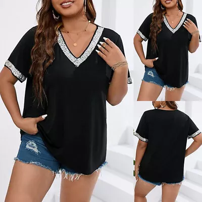 Womens Sequin Short Sleeve T-Shirt Tee Ladies Casual Loose V Neck Blouse Tops US • $20.69