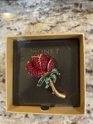 Vintage New Old Stock Monet Rose Rhinestone Brooch NIOB • $25