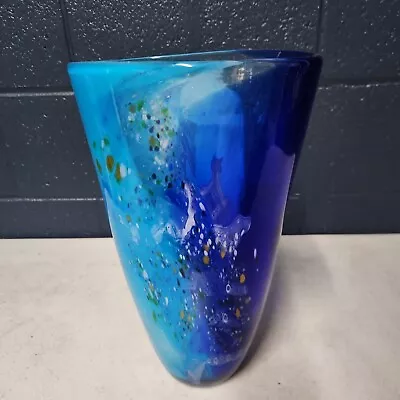 Vintage Large Murano Art Glass Vase Blue With Millefiori • $75