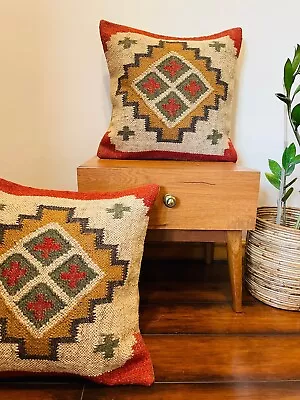 Wool Jute Cushion Cover 18  Throw Indian Vintage Cushion Handmade Kilim Pillows • $22.94