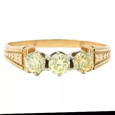 Victorian Fancy Yellow Diamond Platinum 18 Karat Gold Three Stone Antique Ring • $3400