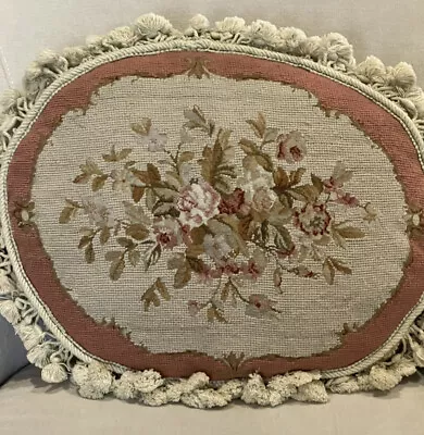 Oval Petite Point Needlepoint Pillow Cushion Cabbage Roses Tassel Trim • $73.90