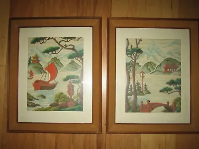 Pair True Mid Century Japanese Asian Oriental Landscape Modernism Framed Matted • $49.99