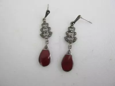 Silver Red Stone And Marcasite Earrings • £8