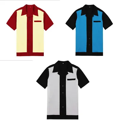Mens Casual Shirts Rockabilly Bowling Shirts 50s 60s Style Cotton Top 3 Colours • £17.75