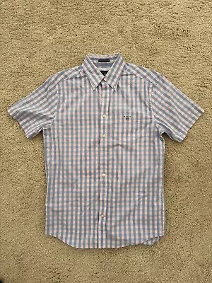 Gant Mens Broadcloth Cotton Short Sleeved Shirt Size Medium Blue-pink Check • £8.50