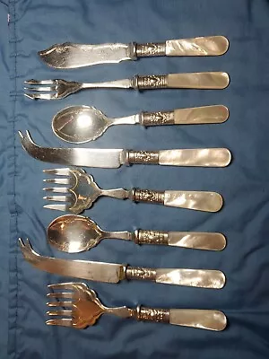 Etched EPNS Cheese Knives Bread Forks And Spoons With Mother-of-pearl Handles  • $125