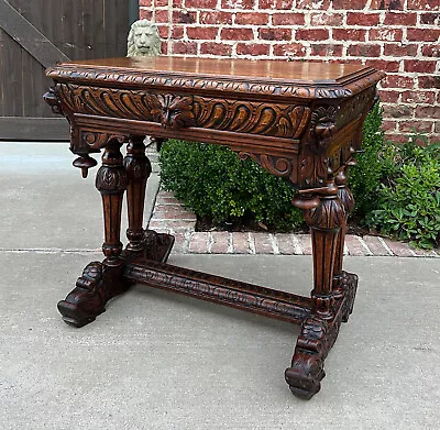 Antique French Writing Desk Table Renaissance Revival Dolphin Carved Oak Petite • $3300